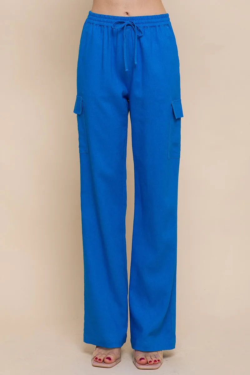 Azure Linen Straight Leg Cargo Pants