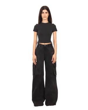 BLACK ACID WASH DENIM CARGO PANTS