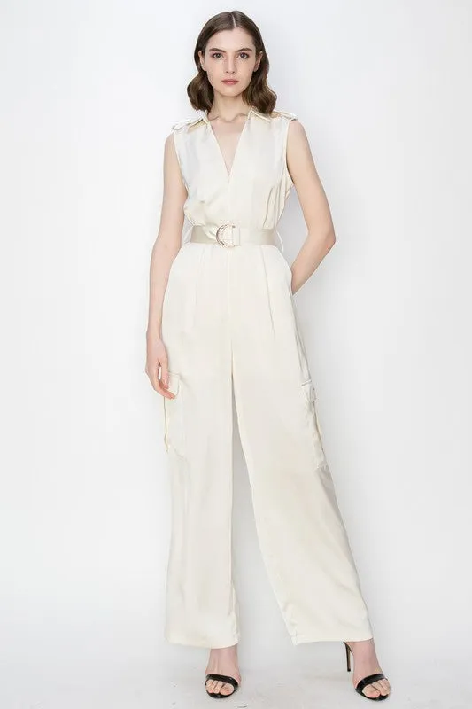 Champagne Satin V-Neck Side Pockets Cargo Pants Jumpsuit