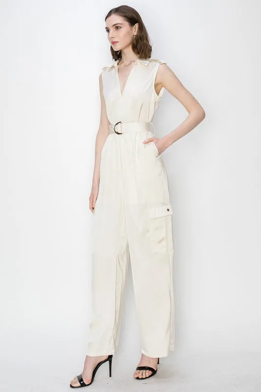 Champagne Satin V-Neck Side Pockets Cargo Pants Jumpsuit