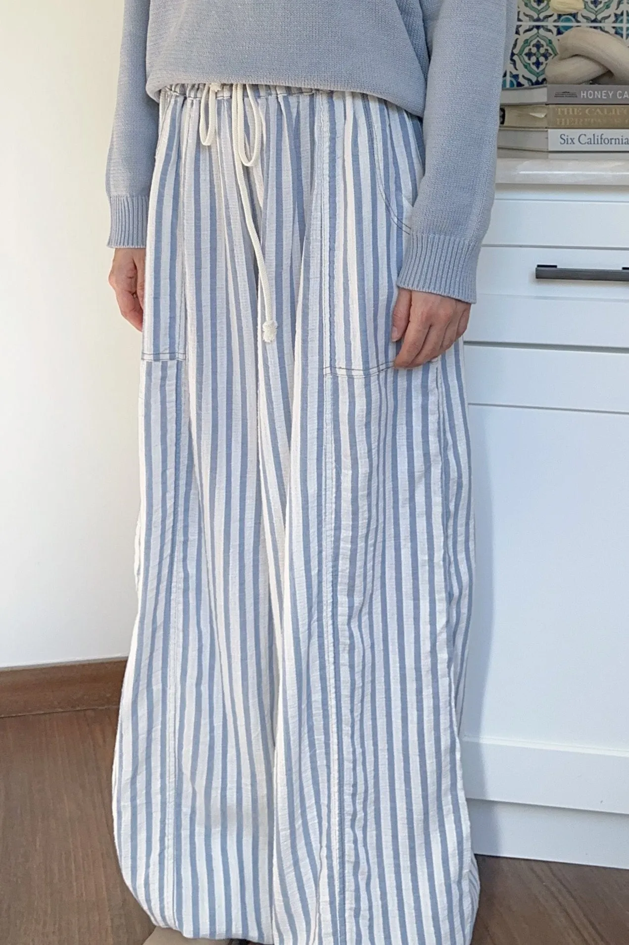 Josie Relaxed Striped Cotton Trousers in Blue