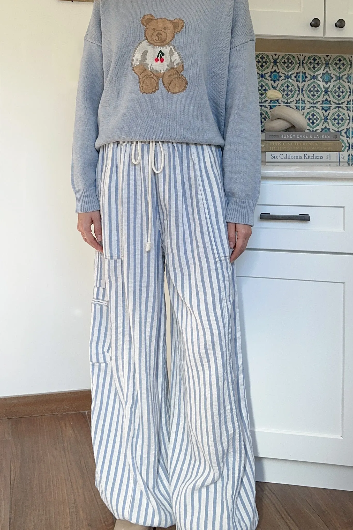 Josie Relaxed Striped Cotton Trousers in Blue