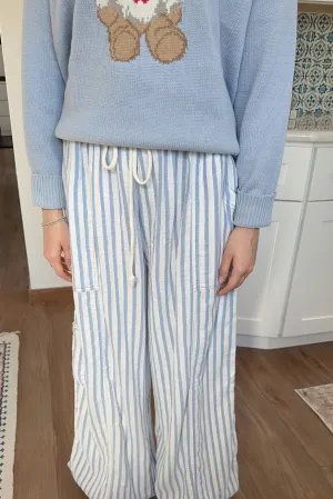 Josie Relaxed Striped Cotton Trousers in Blue