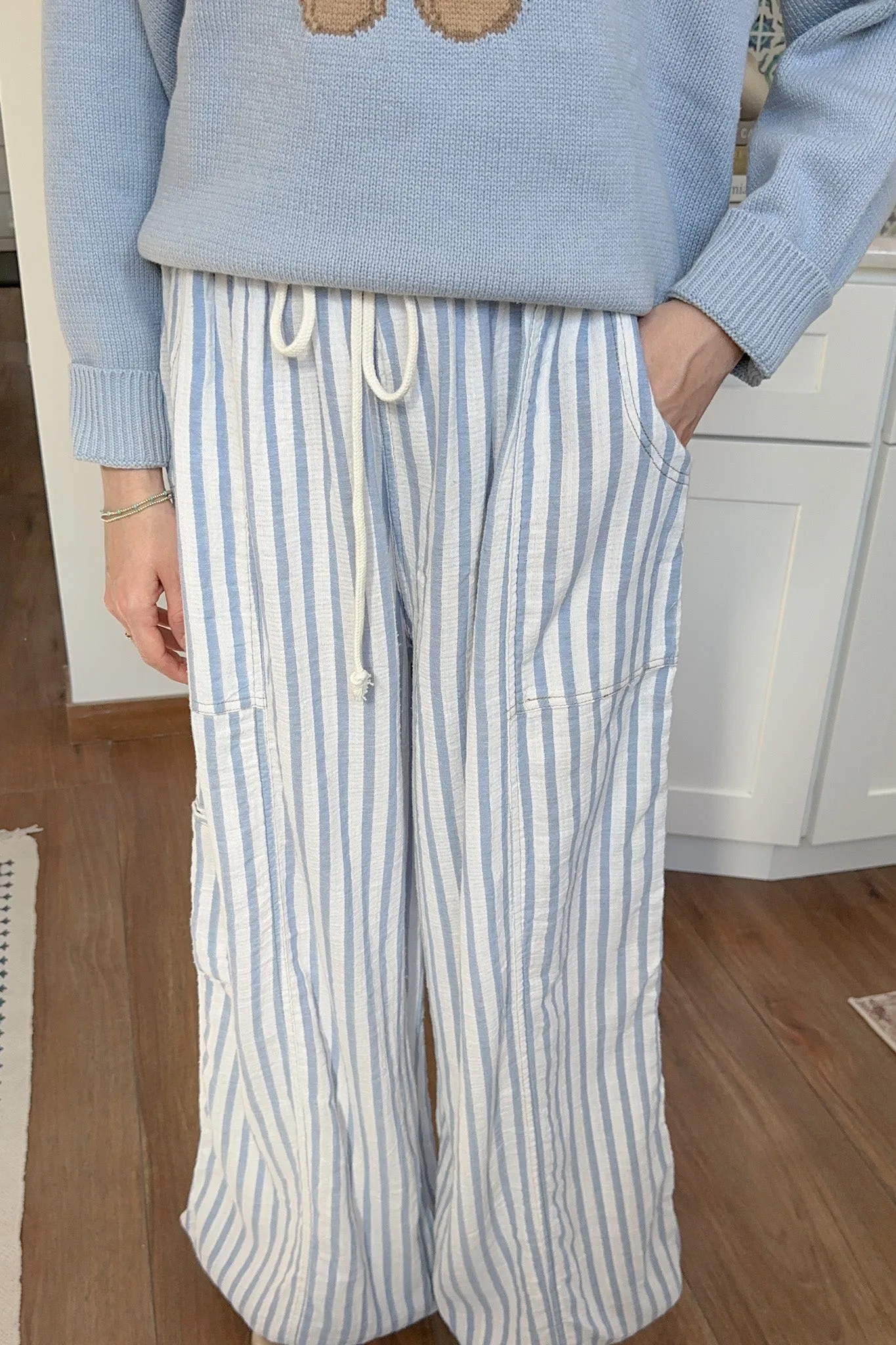 Josie Relaxed Striped Cotton Trousers in Blue