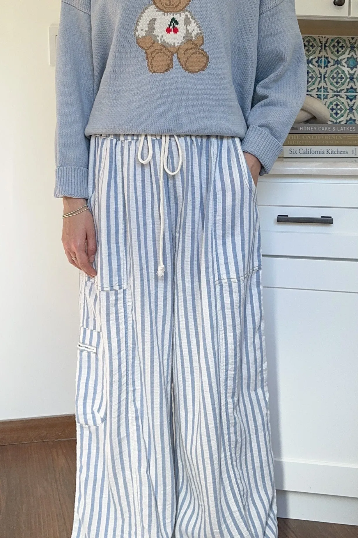 Josie Relaxed Striped Cotton Trousers in Blue