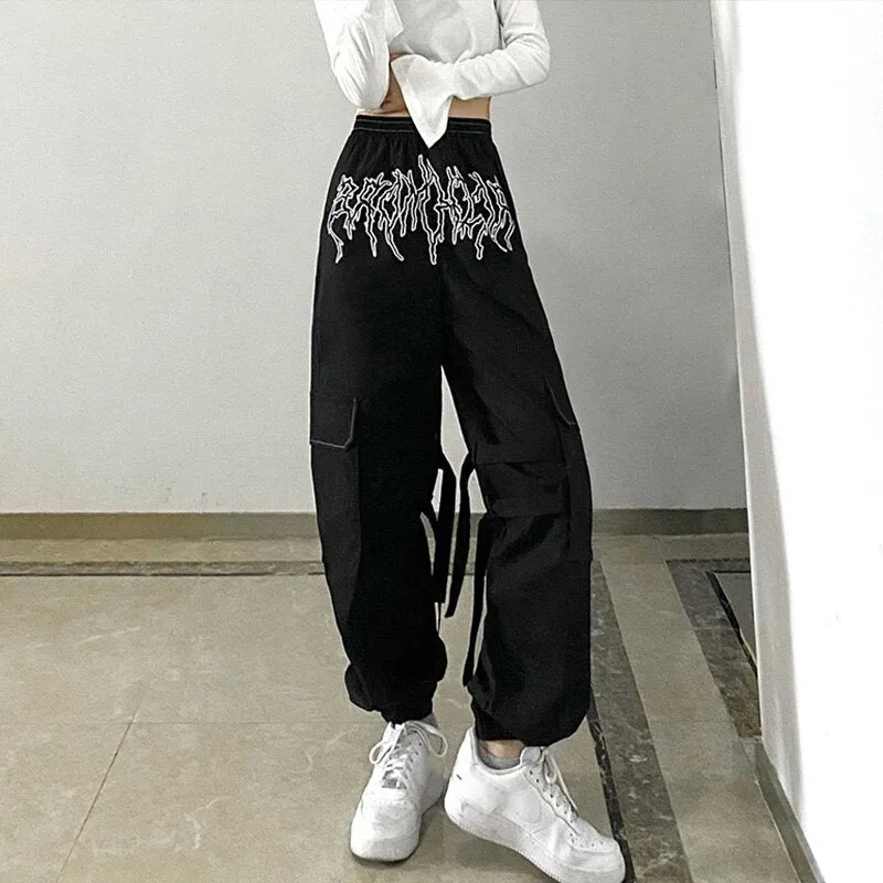 Joskaa Spring Autumn Women Retro Print Straight Cargo Pants Female Harajuku Casual Streetwear Trousers Hip Hop Couple Overalls