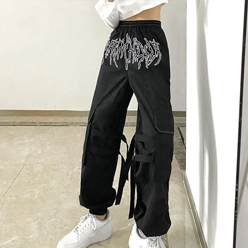 Joskaa Spring Autumn Women Retro Print Straight Cargo Pants Female Harajuku Casual Streetwear Trousers Hip Hop Couple Overalls