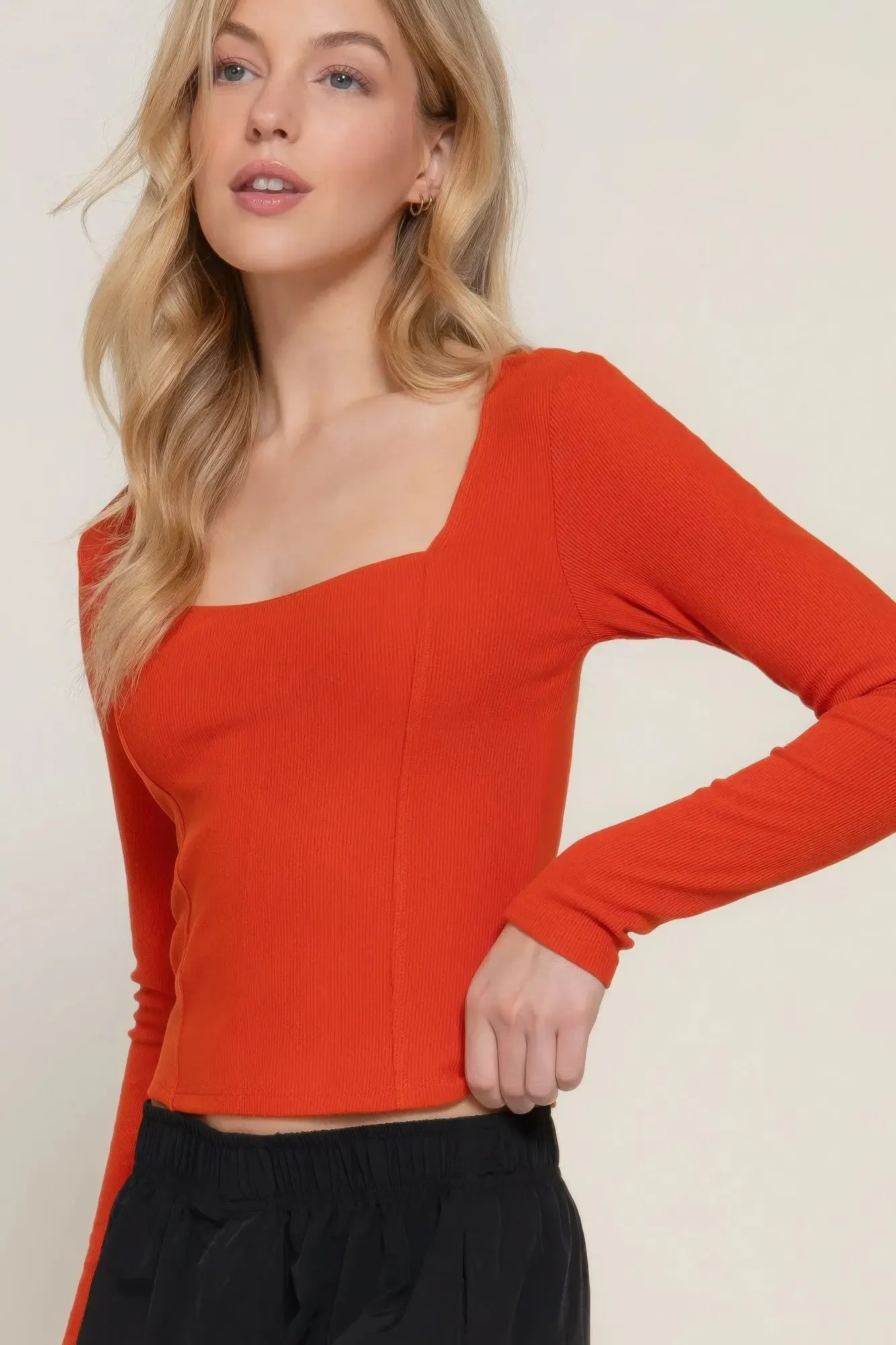 Long long sleeve knit top sweetheart neck seam detail knit top