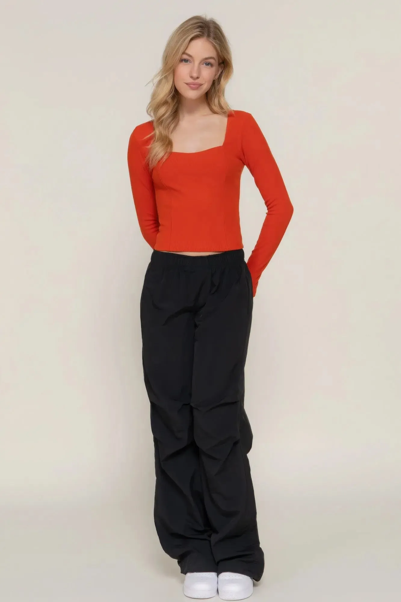 Long long sleeve knit top sweetheart neck seam detail knit top