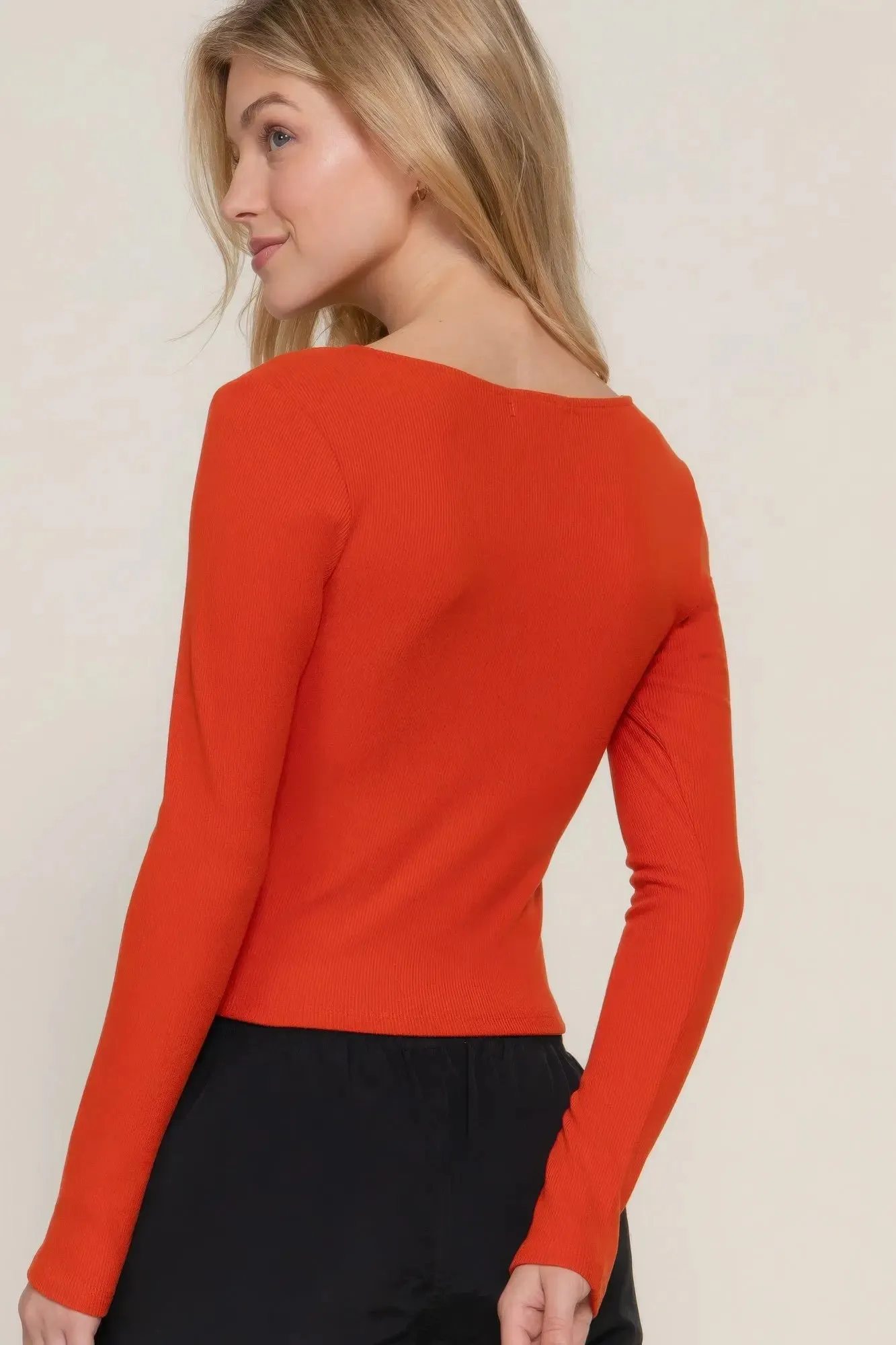 Long long sleeve knit top sweetheart neck seam detail knit top