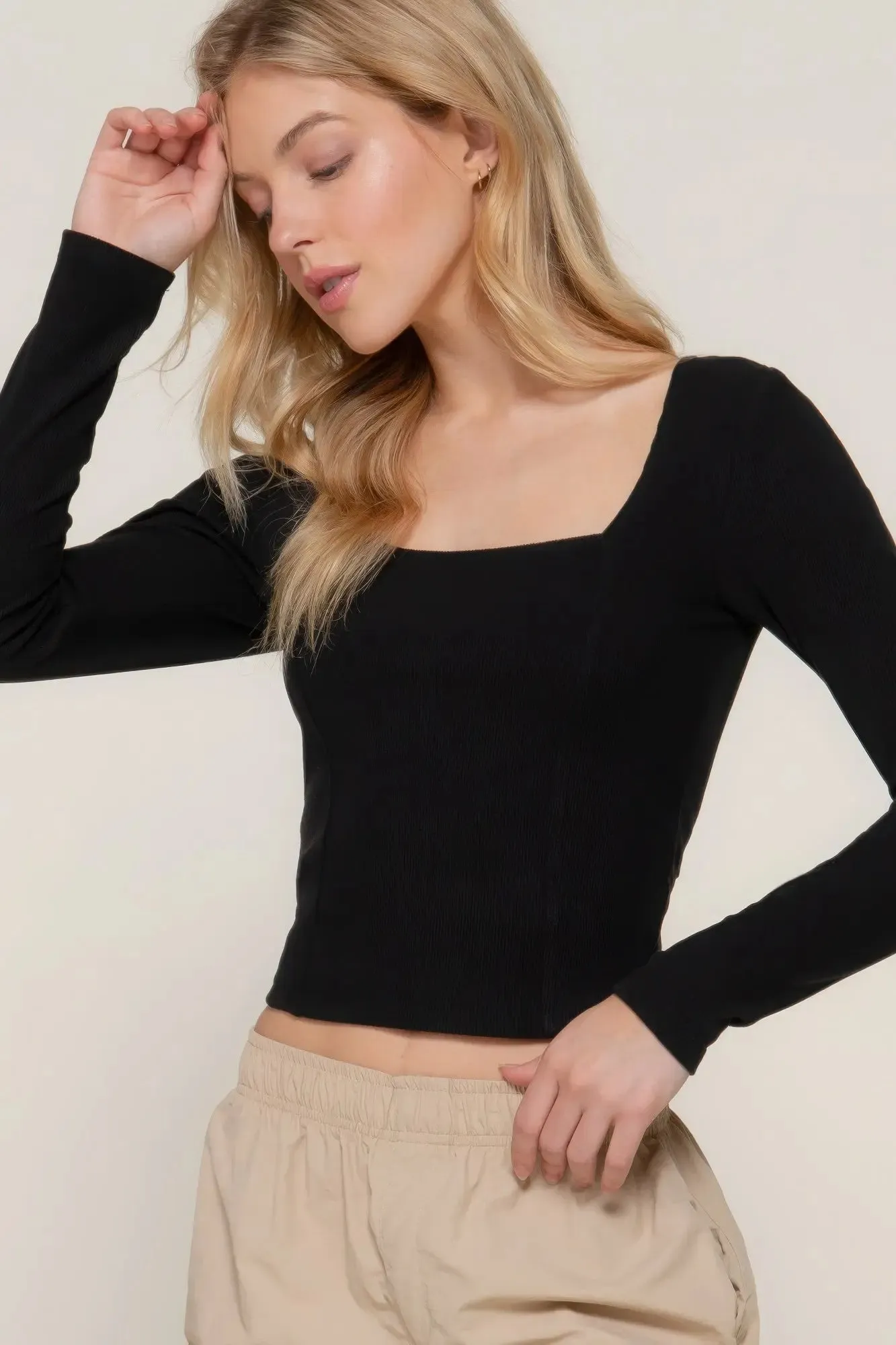 Long long sleeve knit top sweetheart neck seam detail knit top