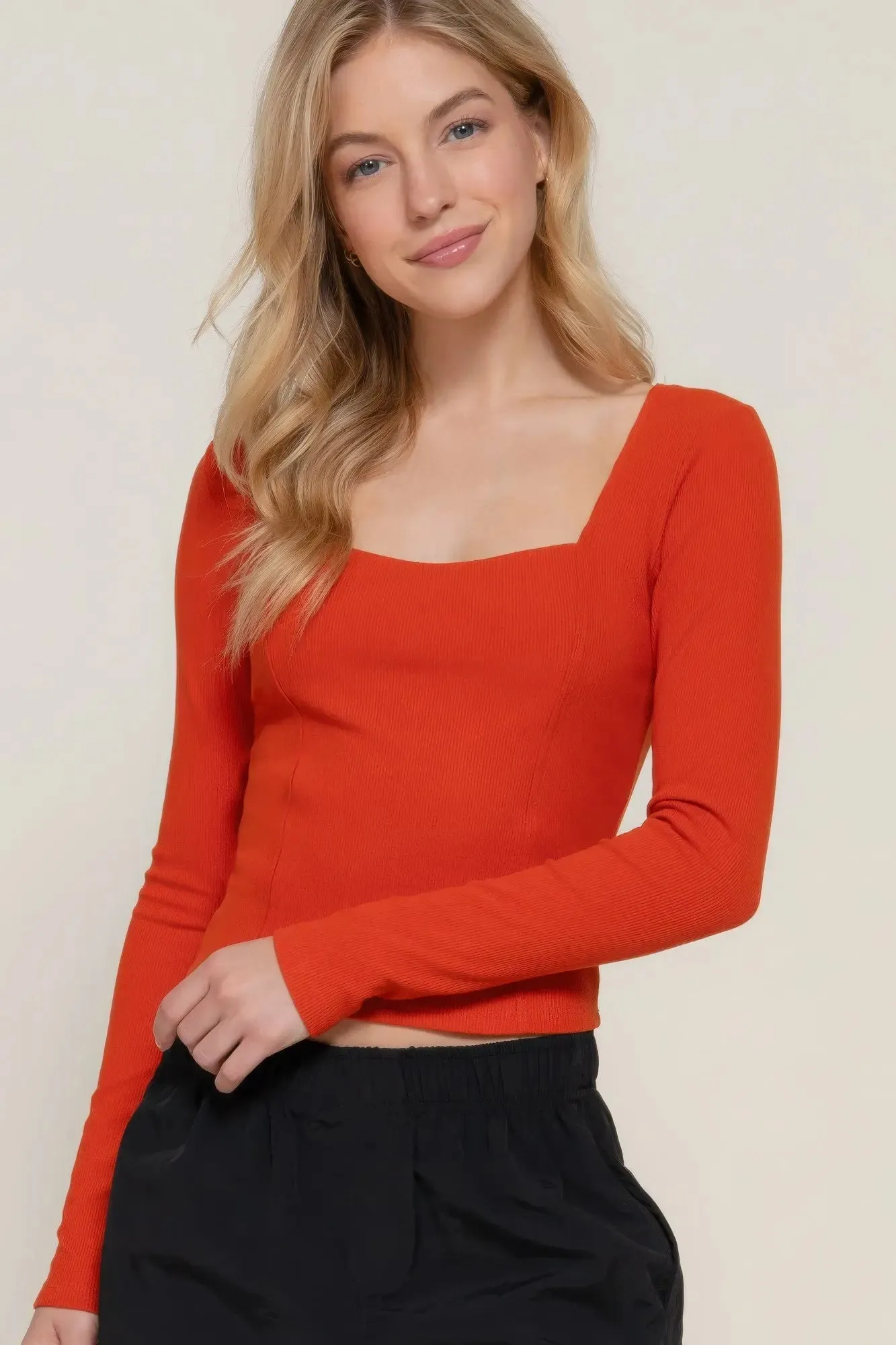 Long long sleeve knit top sweetheart neck seam detail knit top