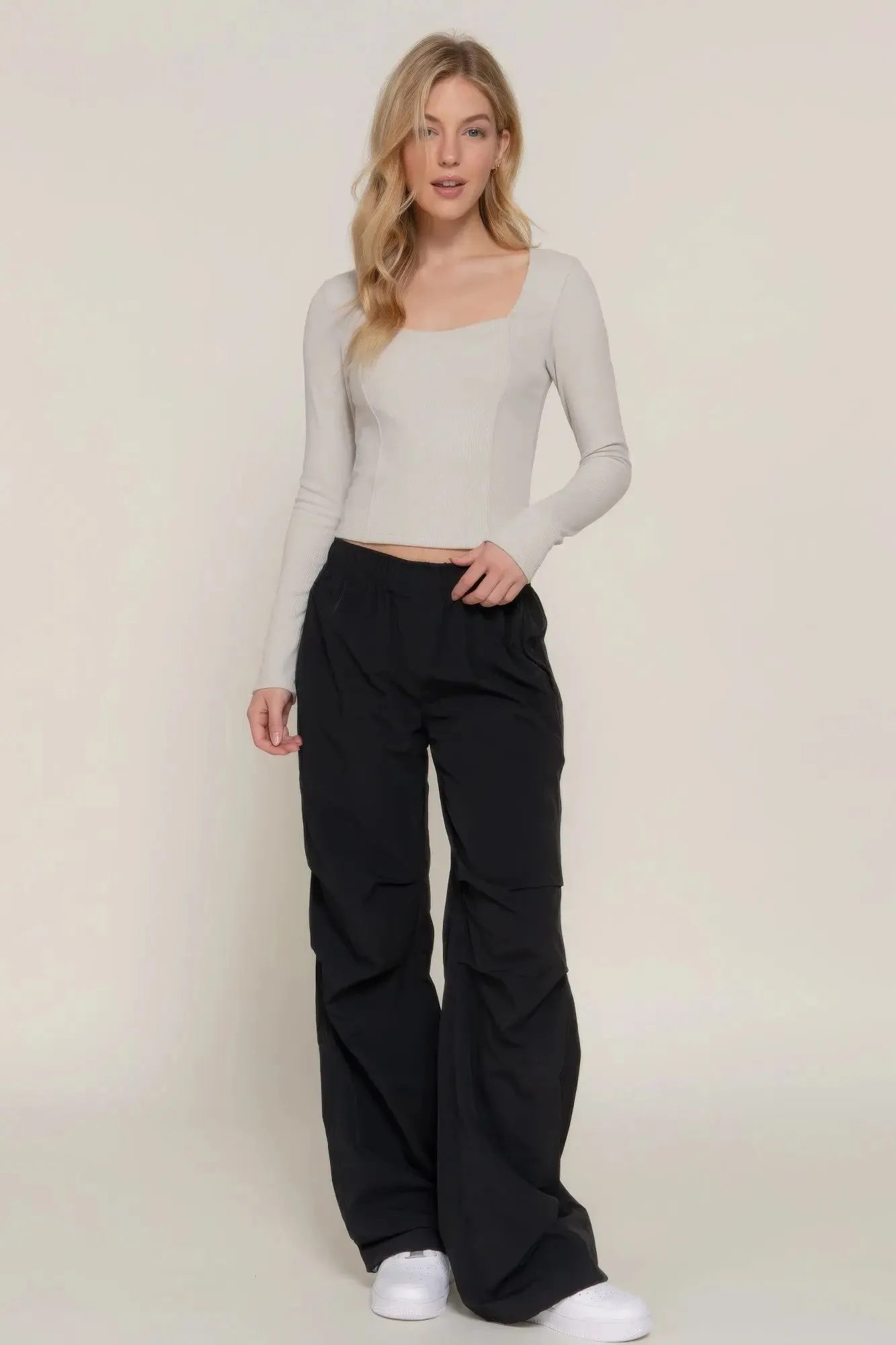 Long long sleeve knit top sweetheart neck seam detail knit top