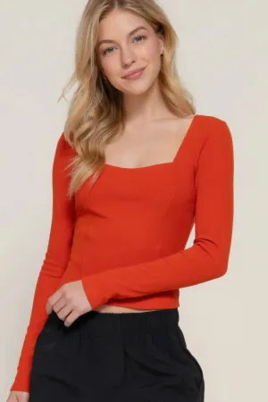 Long long sleeve knit top sweetheart neck seam detail knit top