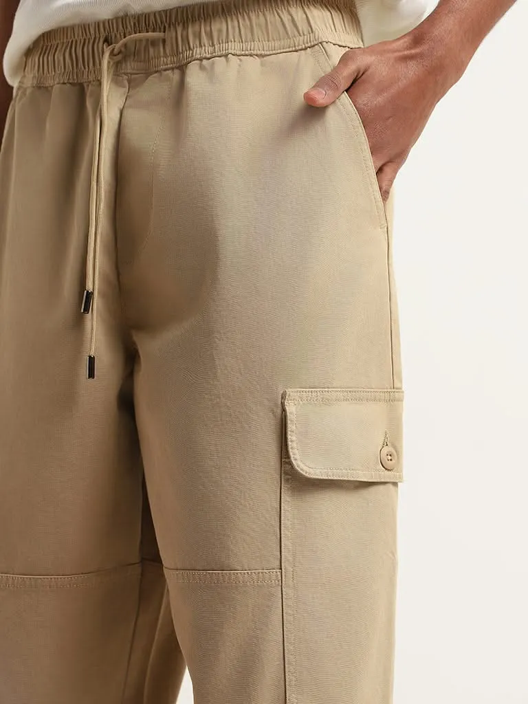 Nuon Beige Cotton Blend Loose-Fit Mid-Rise Cargo Pants