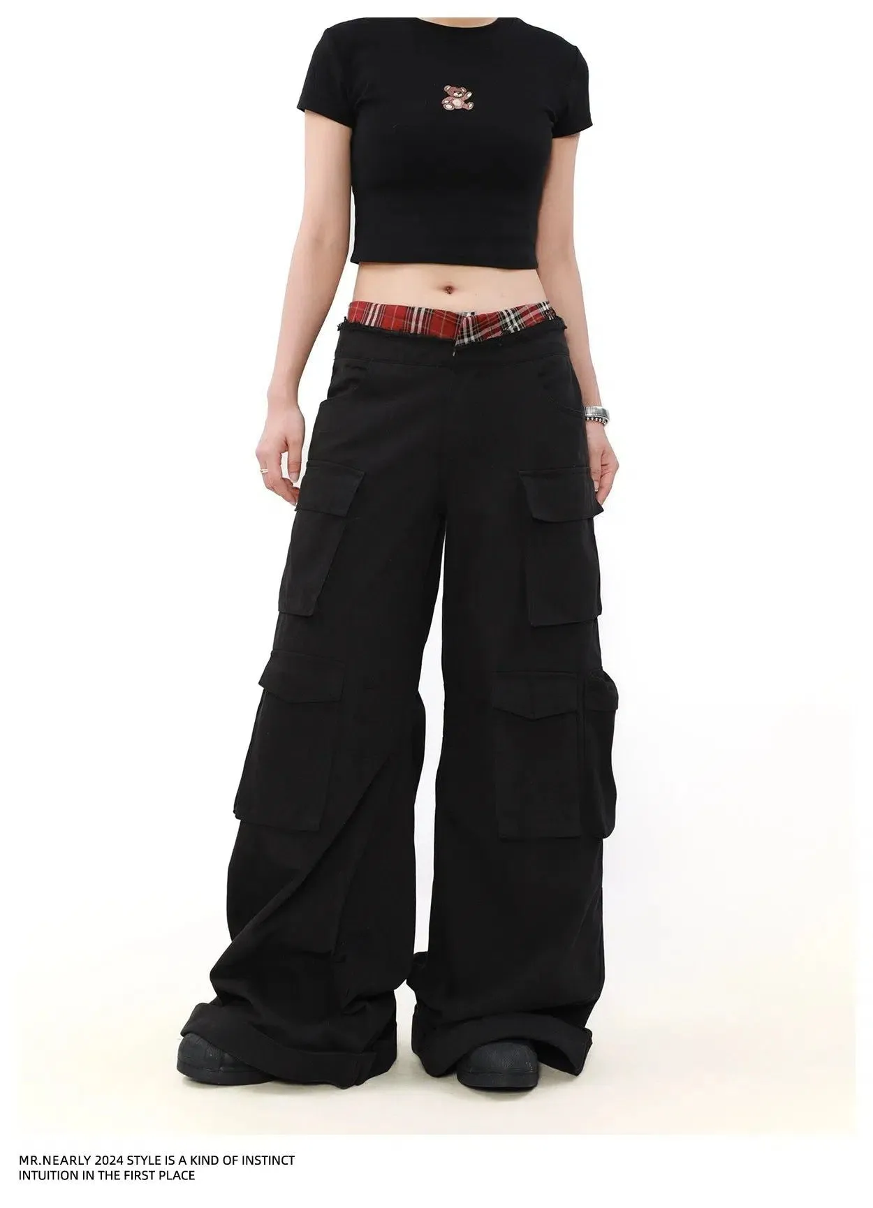 Plaid Double-Waist Cargo Pants