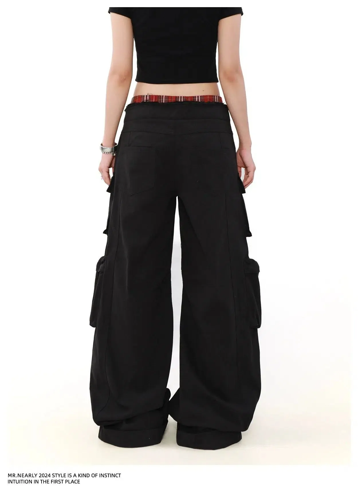 Plaid Double-Waist Cargo Pants