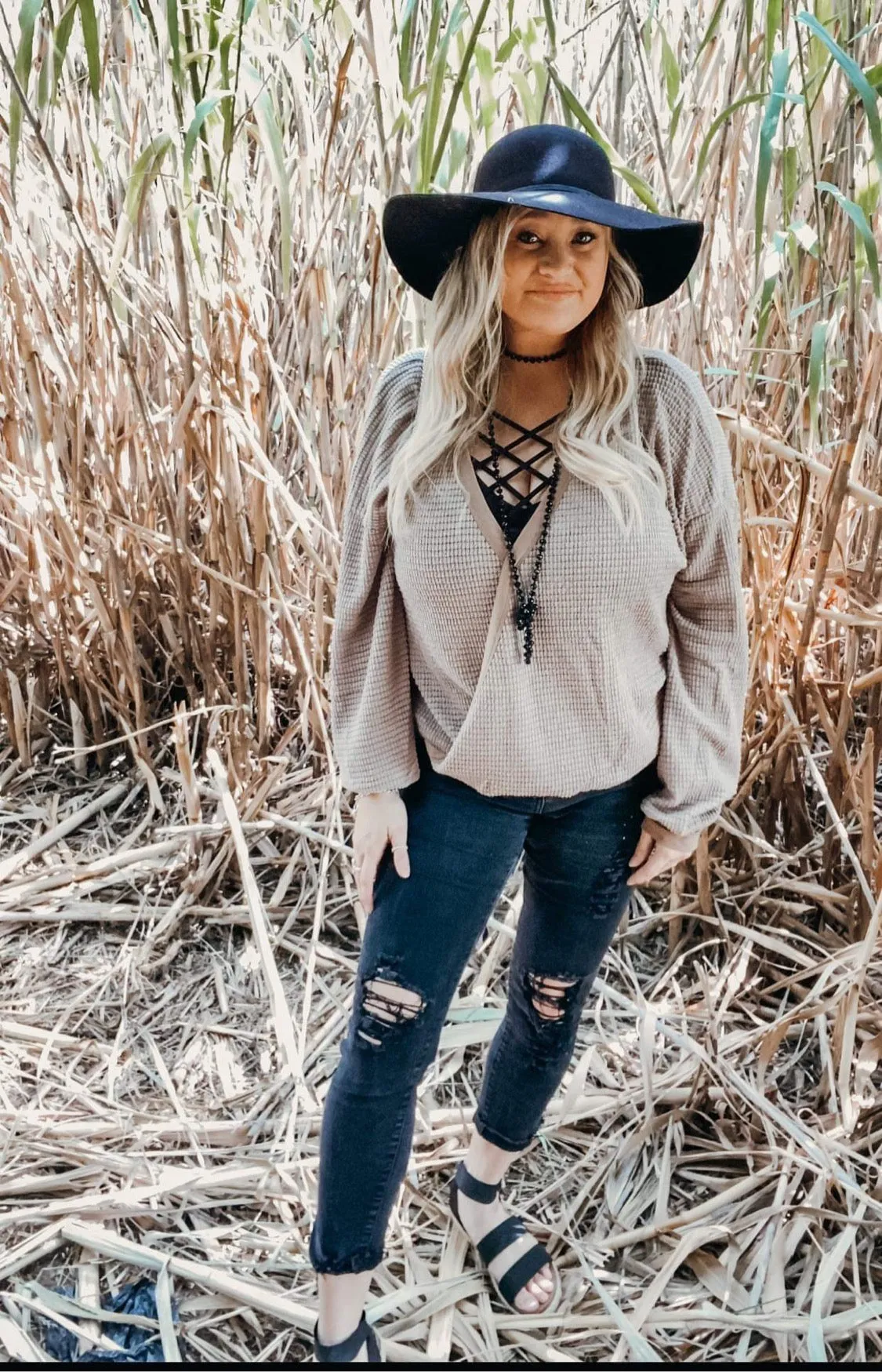 Taupe crossover waffle Top