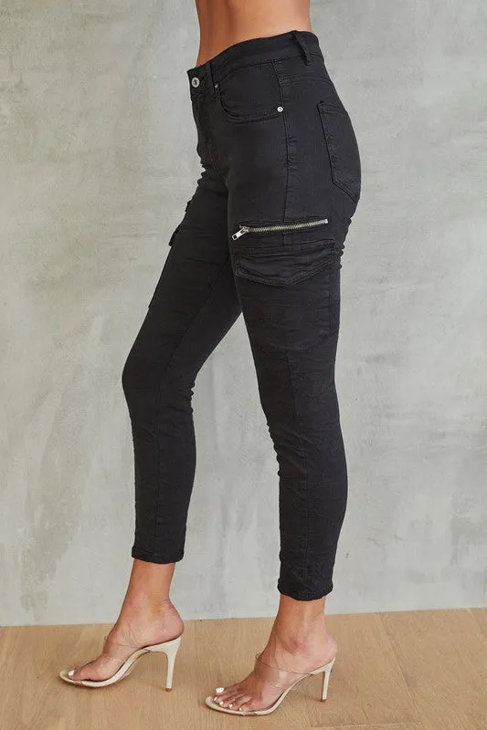 VENTI6 CRINKLE JOGGER CARGO POCKET PANTS - BLACK
