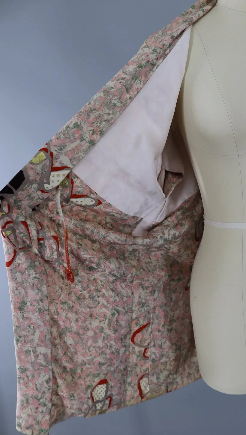 Vintage Silk Kimono Cardigan / 1940s Pink & Green Abstract