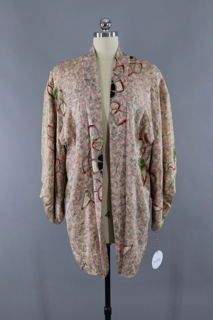 Vintage Silk Kimono Cardigan / 1940s Pink & Green Abstract