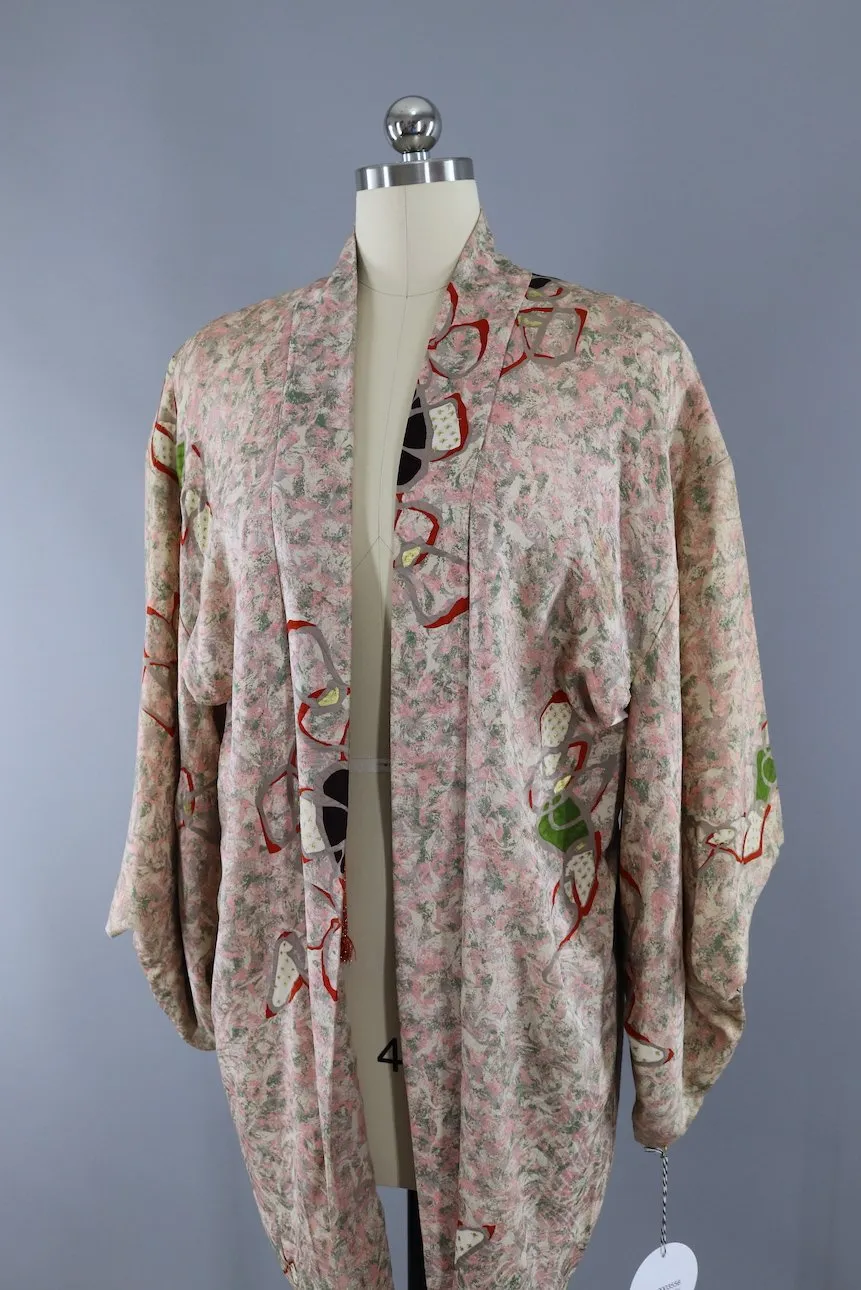 Vintage Silk Kimono Cardigan / 1940s Pink & Green Abstract