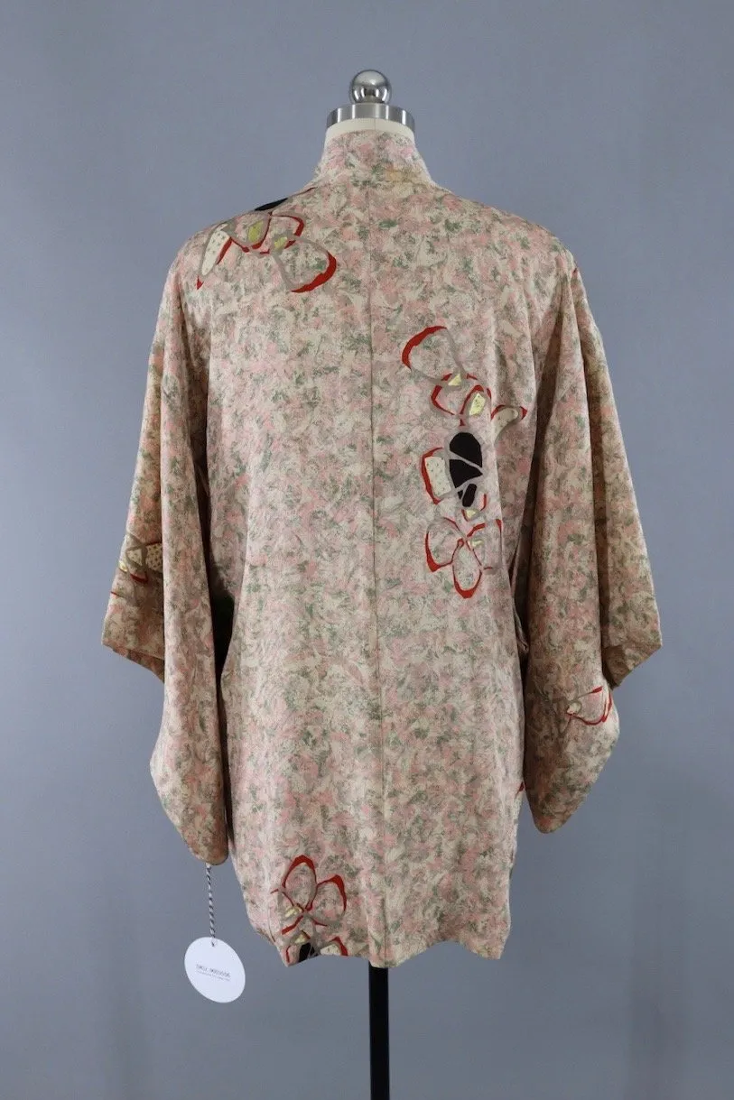 Vintage Silk Kimono Cardigan / 1940s Pink & Green Abstract