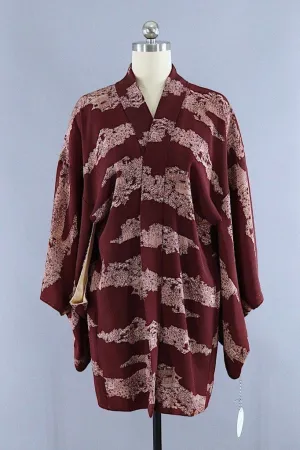 Vintage Silk Kimono Cardigan / Brown Village Scene Novelty Print