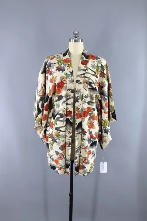 Vintage Silk Kimono Cardigan Jacket - White Leaves Floral Print