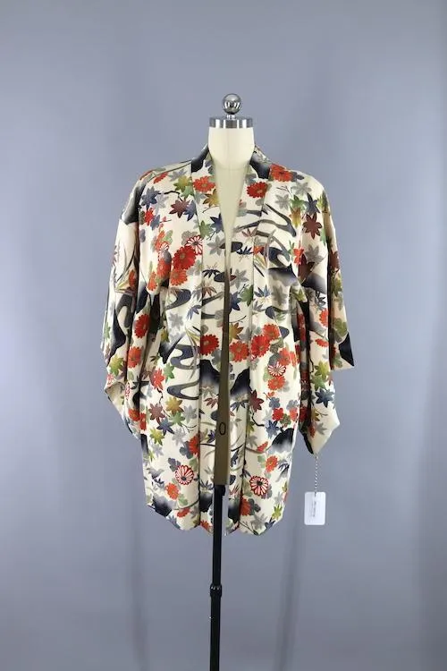 Vintage Silk Kimono Cardigan Jacket - White Leaves Floral Print