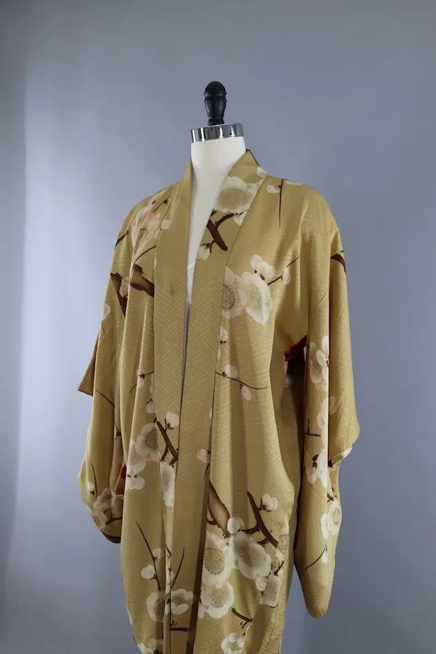 Vintage Silk Kimono Robe / Tan & White Floral