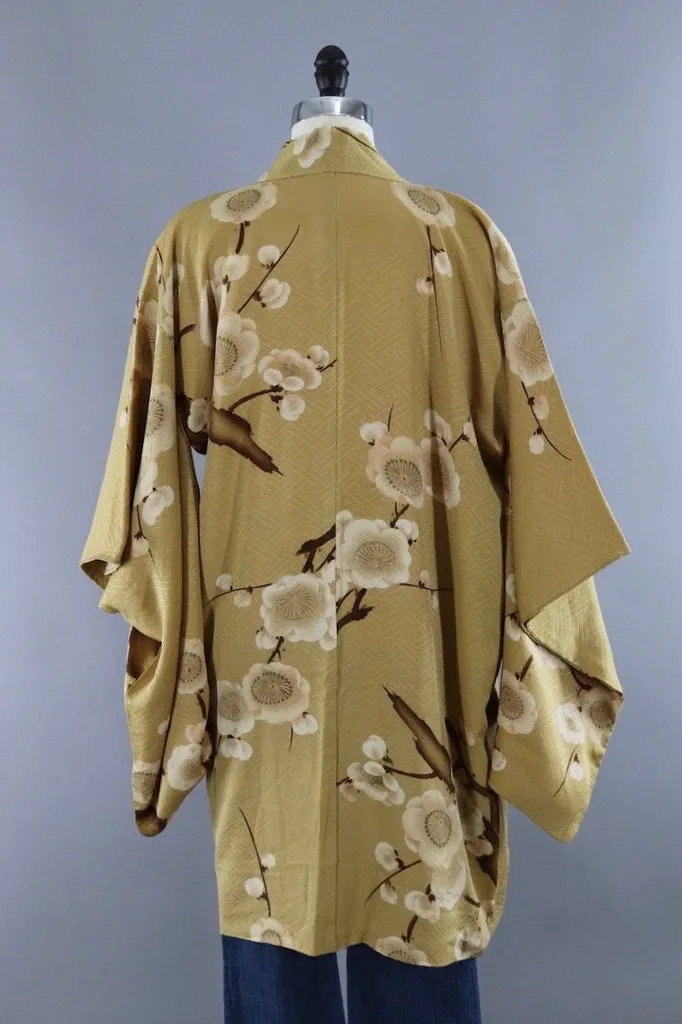Vintage Silk Kimono Robe / Tan & White Floral
