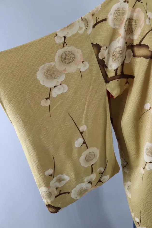 Vintage Silk Kimono Robe / Tan & White Floral