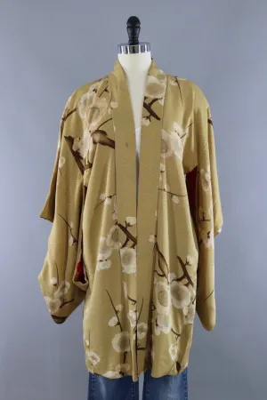 Vintage Silk Kimono Robe / Tan & White Floral