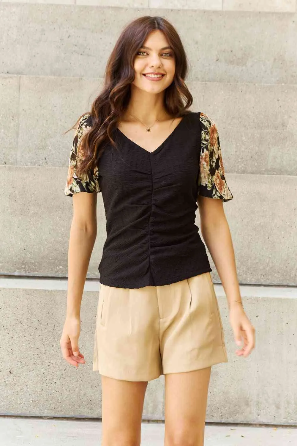 Women's And The Why Hold Me Close Full Size Floral Print Textured Sleeve Knit Top