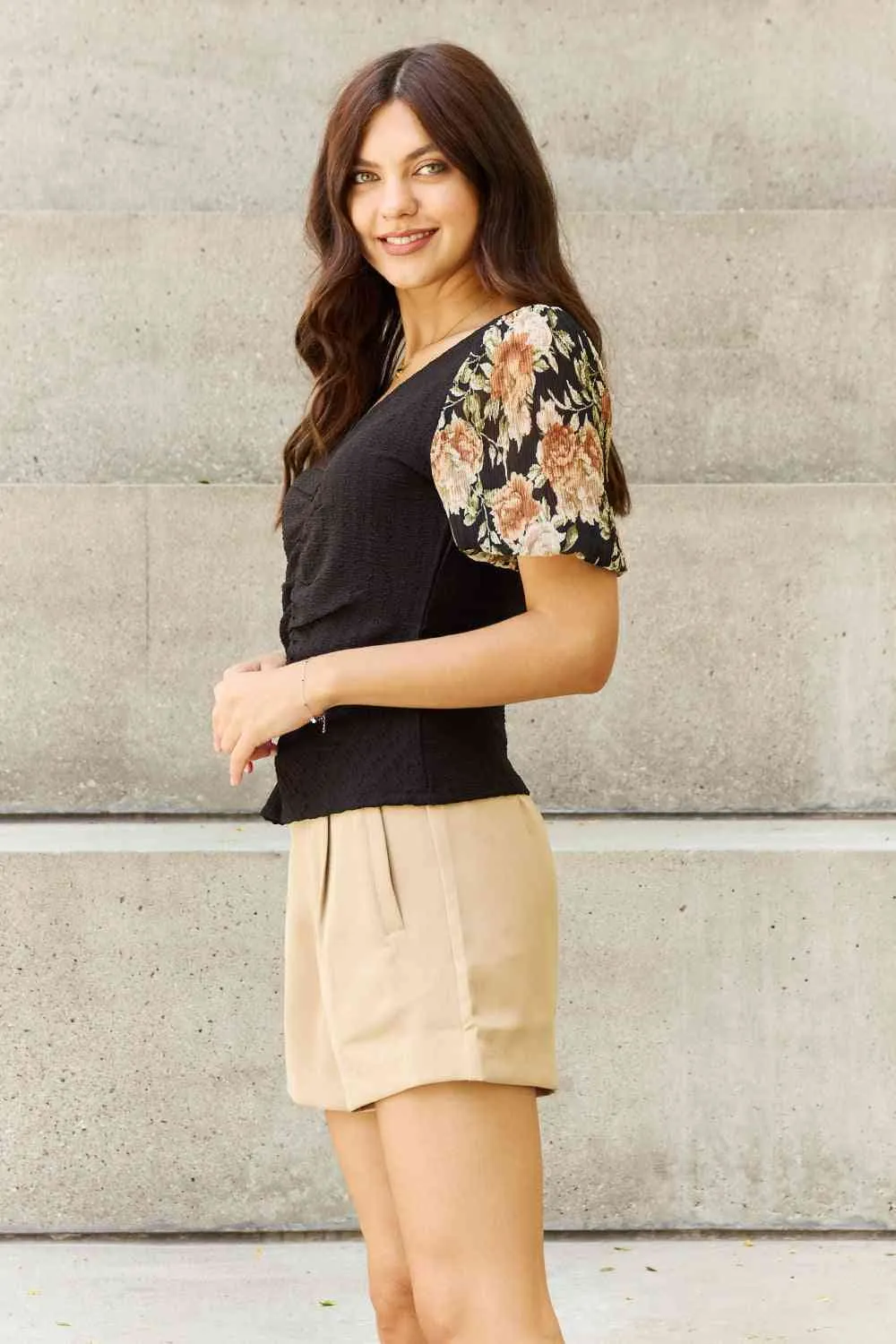 Women's And The Why Hold Me Close Full Size Floral Print Textured Sleeve Knit Top