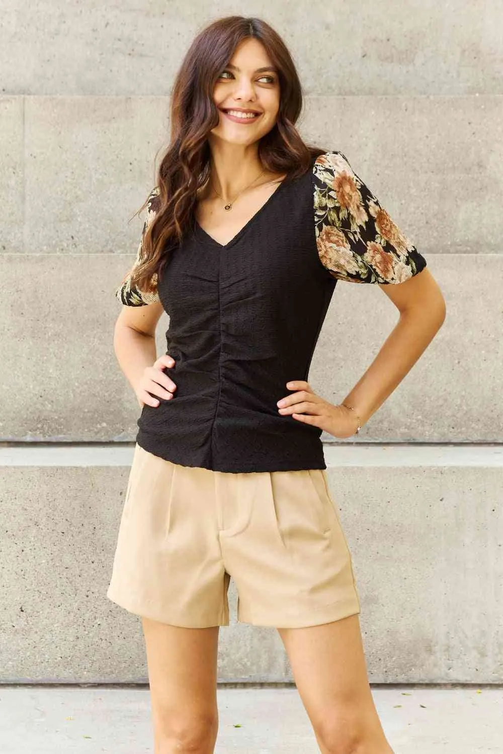 Women's And The Why Hold Me Close Full Size Floral Print Textured Sleeve Knit Top